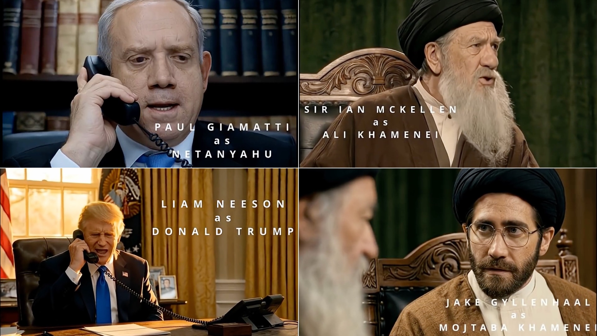 Collage of screenshots of likenesses of Hollywood actors from AI film trailer on YouTube